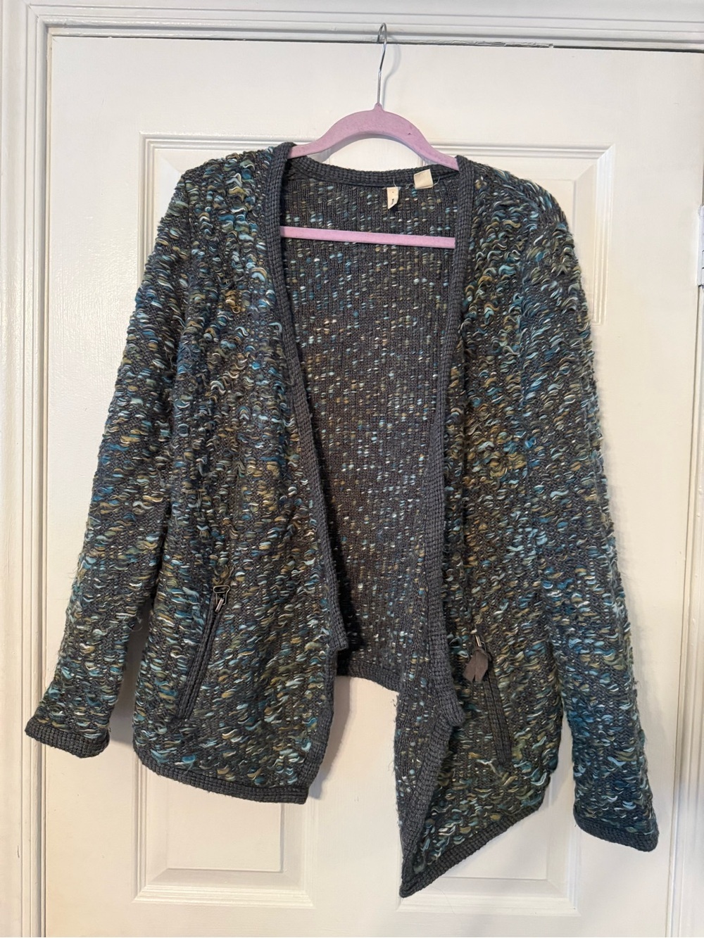 Anthropologie Moth Gray Multicolor Speckled Open Cardigan with Blue Green Flecks